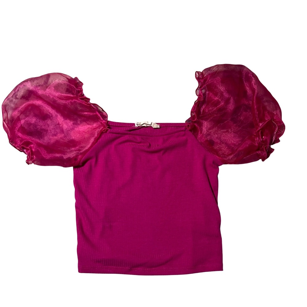 Altar'd State Magenta Pink Ribbed Organza Puff Sleeve Crop Top S